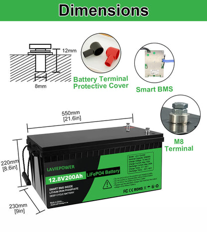 12V 200Ah Lithium LiFePo4 Battery 6000+ Deep Cycles